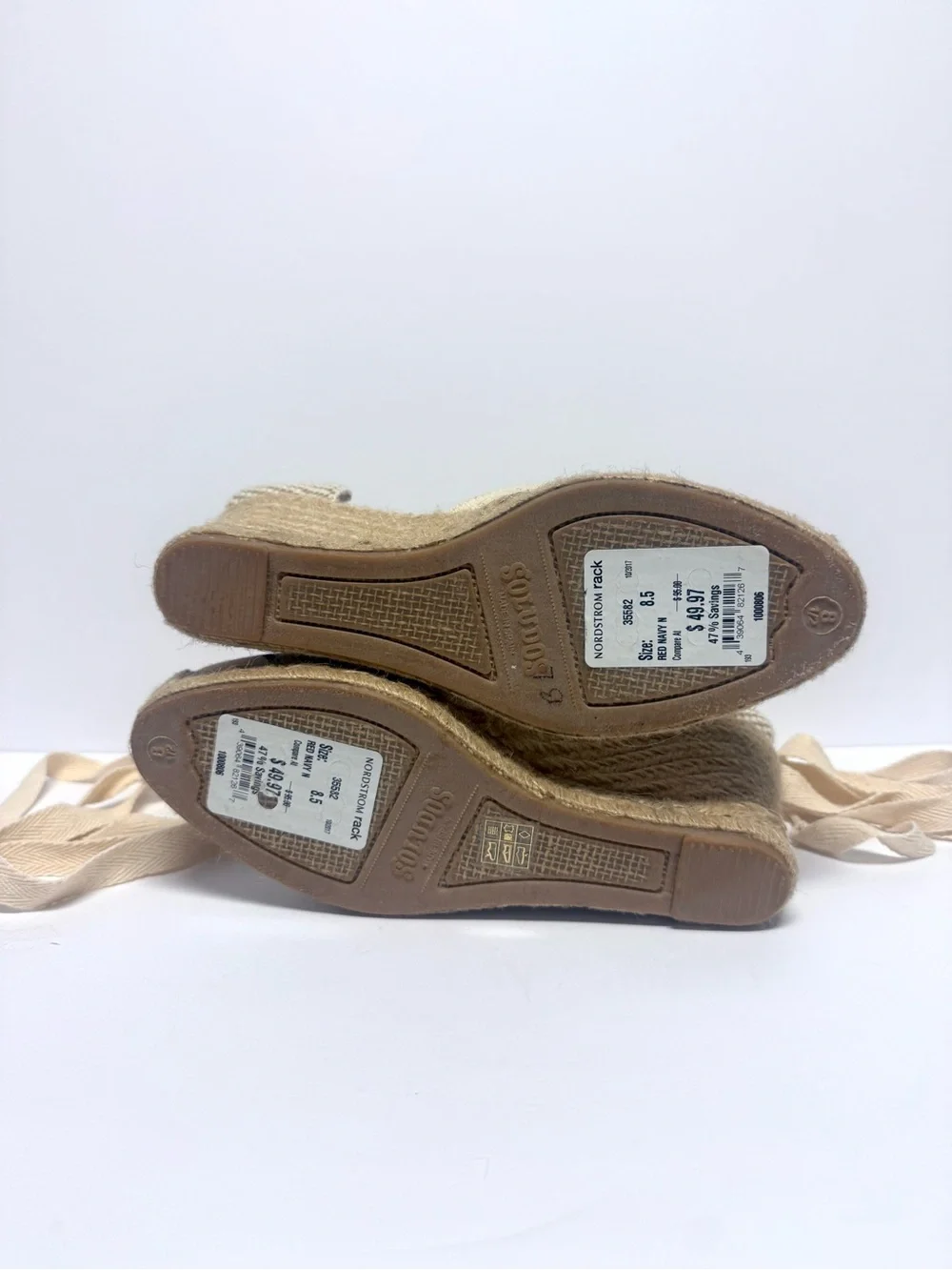 Soludos Canvas Espadrille Wedge with Ribbon Tie - Cream with Navy & Red Stripes